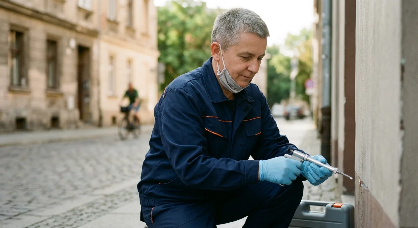 Technik 1HPest aplikuje preparat w szczelinie muru kamienicy we Wrocławiu — punktowa metoda zwalczania szkodników